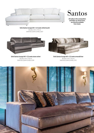 Richmond Interiors Sofa Couch Santos 2.5 seater + lounge right 170cm depth x 312cm width