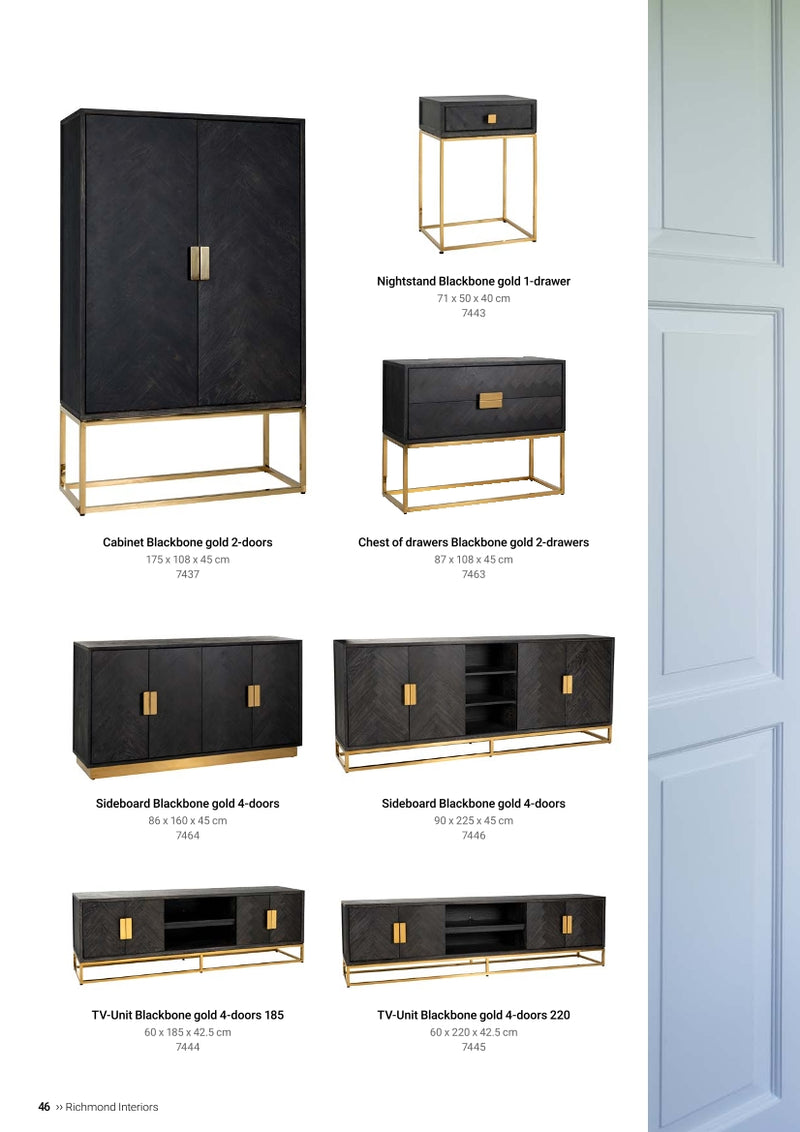 خزانة جانبية من ريتشموند إنتيريرز باللون الأسود والذهبي ذات 4 أبواب + مقصورة مفتوحة (أسود ريفي)