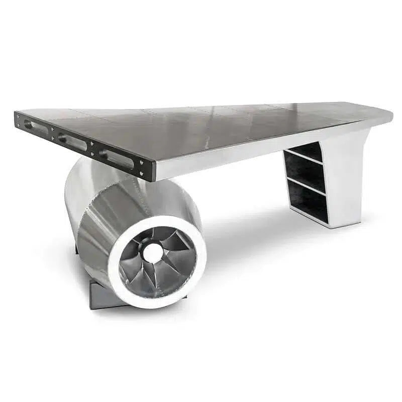 Airplane Furniture Hazenkamp Designer Writing Desk Schreibtisch Metalltisch Flugzeug Design Silberfarben-Stil-Ambiente-P0079S