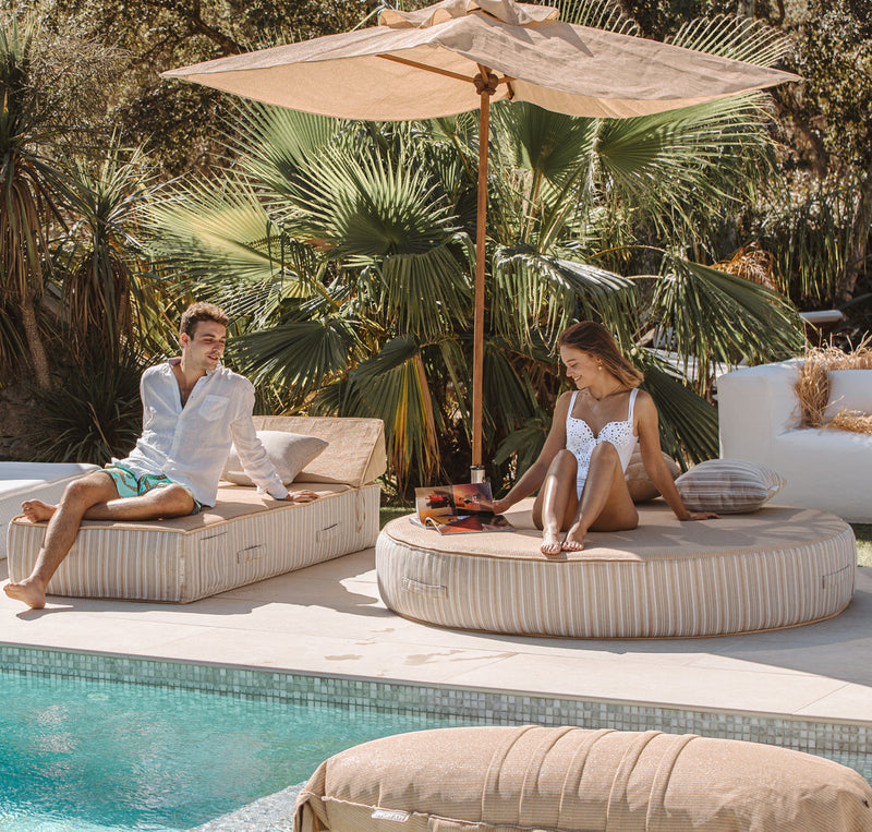 MXHOME Sonnenliege „Bast-Effekt“ gestreift - Outdoor-www.Stil-Ambiente.de-Lit 1 place avec têtière - Beige raphia + rayure gris- BM1