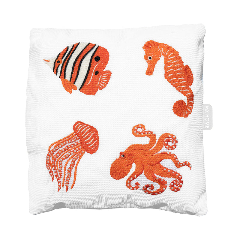 MXHOME Weißes Kissen - Orangefarbene Fischstickerei - Outdoor-www.Stil-Ambiente.de-Coussin blanc raphia broderie poissons orange CBPO