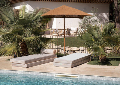 MXHOME Sonnenliege Vorderseite gestreift & Rückseite weiß - Doppel- oder Einzelmatratze - Outdoor-www.Stil-Ambiente.de-Simple (face rayure gris/ pile blanc raphia) + têtière boudin MB1