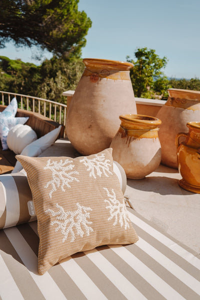 MXHOME Kissen - Bast-Effekt Stickerei Koralle weiß - Outdoor-www.Stil-Ambiente.de-Coussin beige raphia broderie corail blanc CBR