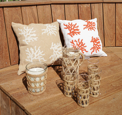 MXHOME Kissen - Bast-Effekt Stickerei Koralle weiß - Outdoor-www.Stil-Ambiente.de-Coussin beige raphia broderie corail blanc CBR