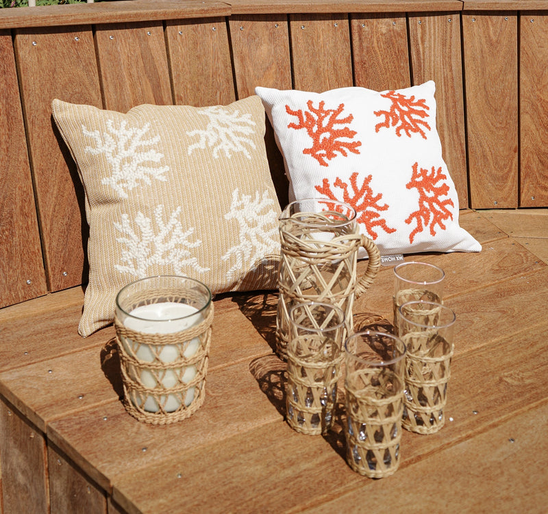 MXHOME Kissen - Bast-Effekt Stickerei Koralle weiß - Outdoor-www.Stil-Ambiente.de-Coussin beige raphia broderie corail blanc CBR