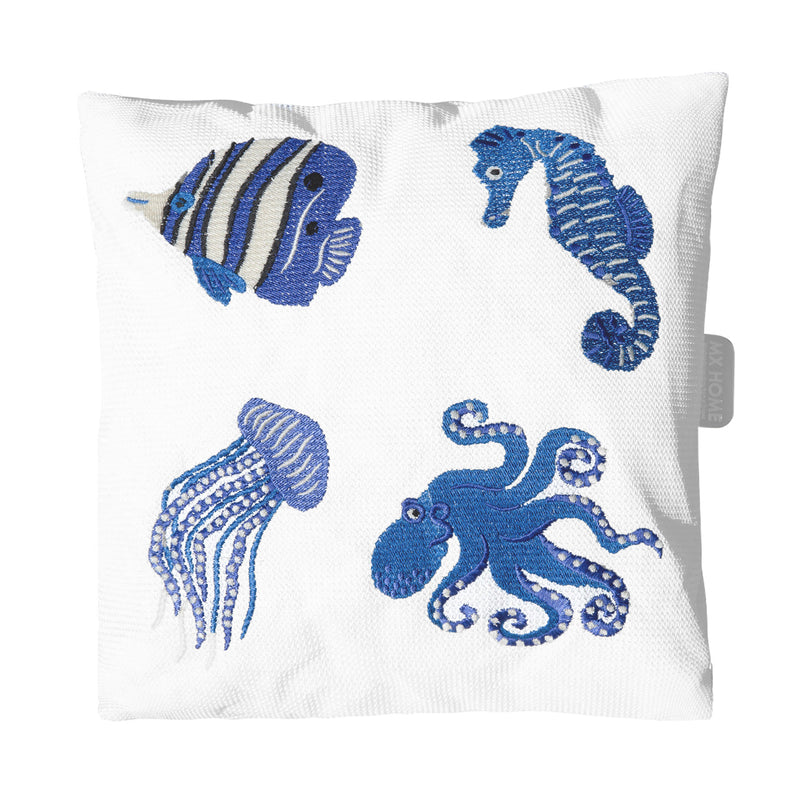 MXHOME Weißes Kissen - Blaue Fischstickerei - Outdoor-www.Stil-Ambiente.de-Coussin blanc raphia broderie poissons bleu CBPB