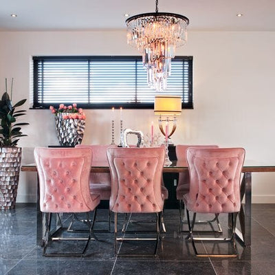 Richmond Interiors Esszimmerstuhl Scarlett Rosa Velvet Samt Edelstahl Luxus Dining Chair-Esszimmerstuhl-Stil-Ambiente-
