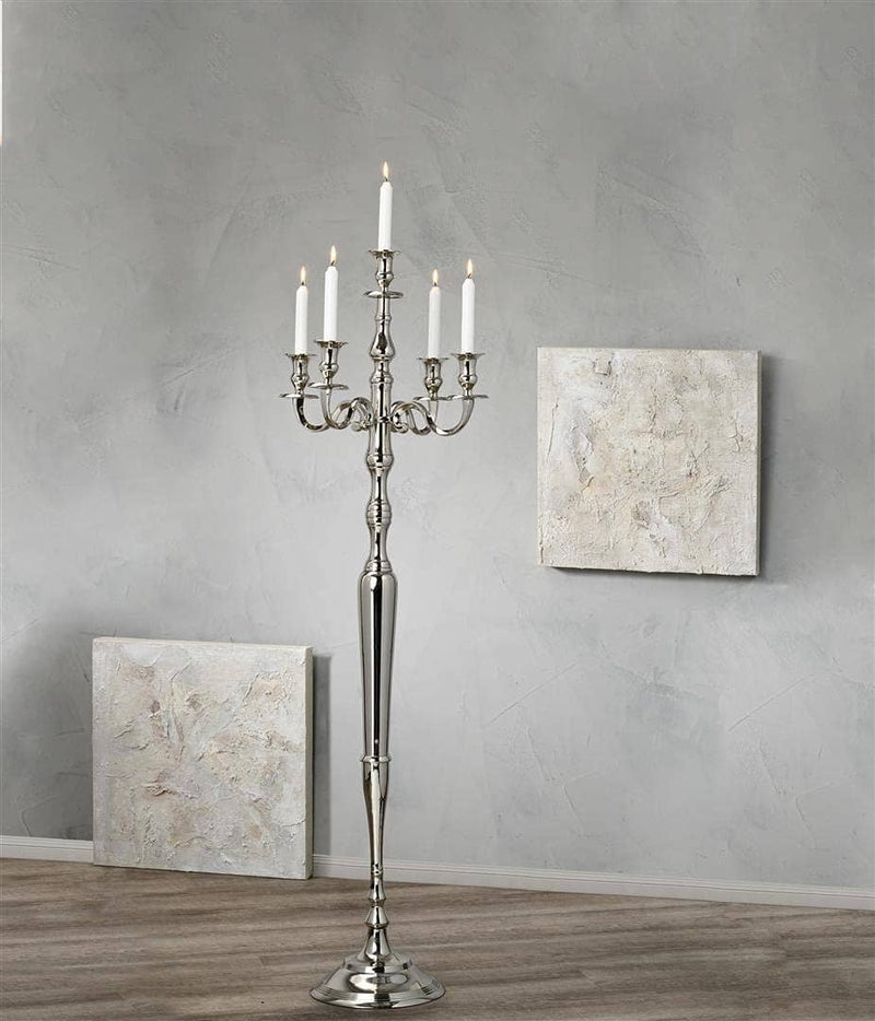 Kerzenleuchter, stilvoller Kerzenhalter in Silber, aus vernickeltem Aluminium, 5-Armiger Kerzenständer für Stabkerzen, Zeitloses Design, 130 cm - Stil Ambiente